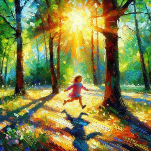 Un bambino che corre felice in un Bosco, in una giornata di sole