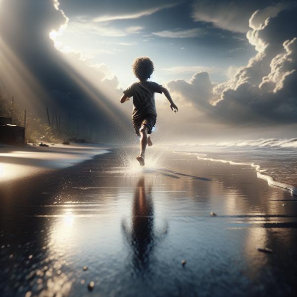 Um bambino che corre Felice verso il mare