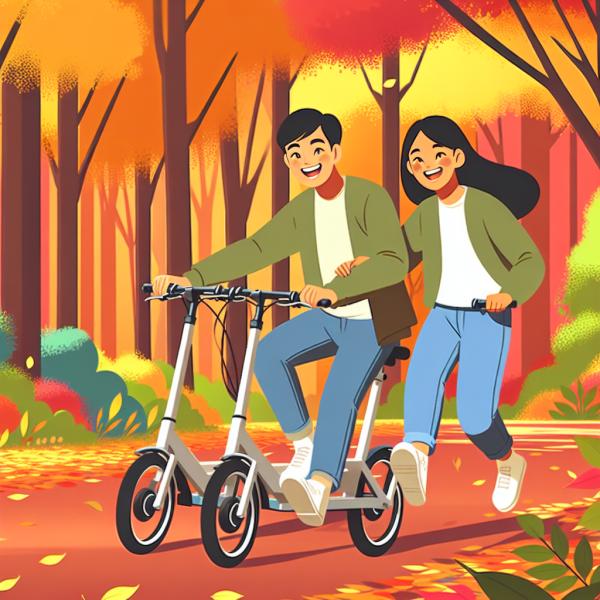 Wir zwei fahren Mit unseren E-Bikes durch die bunten Wälder.