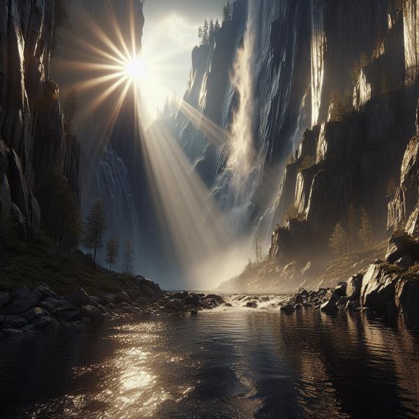 Sonne über einem Wasserfall