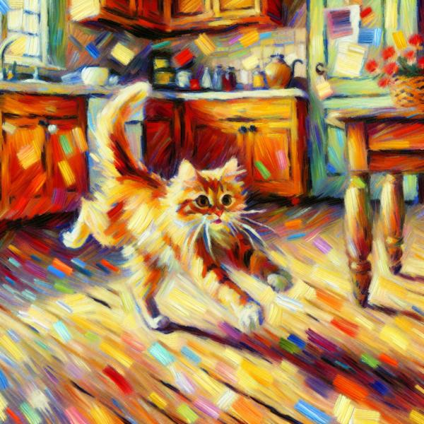 Eine AUFGEDREHTe Katze die durch die Wohnung saust