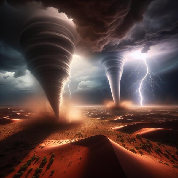 Tornados in der Wüste mit Blitzen
