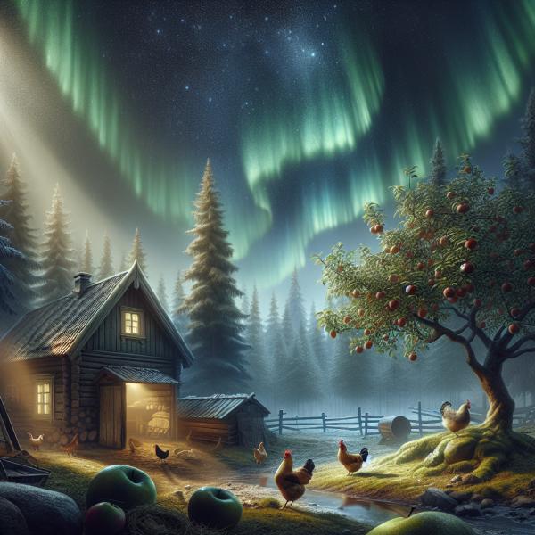Polarlichter Sterne Haus Wald hühner apfelbaum