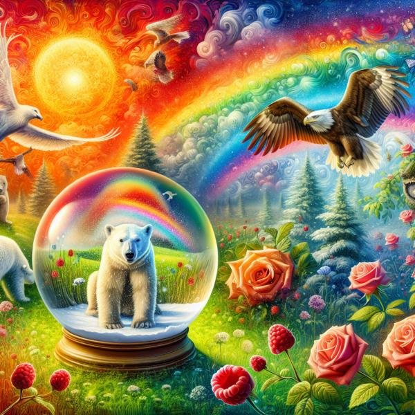 Große schneekugel eisbär sonne regenbogen adler himbeere gras rose uhu
