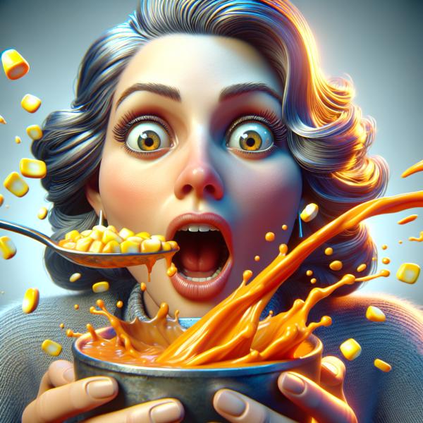 photorealistic, woman, corn soup dripping down face, mouth open, eyecl